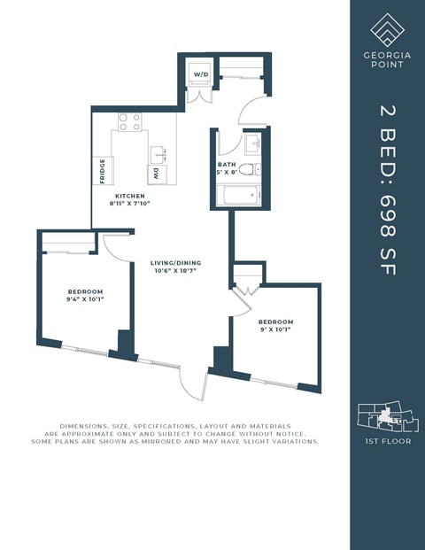 Floor plan for 2 beds, 1 bath, 759 sqft